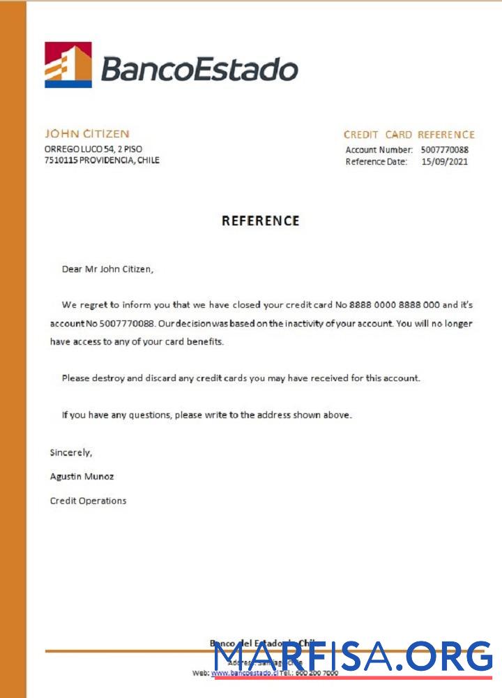 Printable Chile Banco del Estado closure reference real example